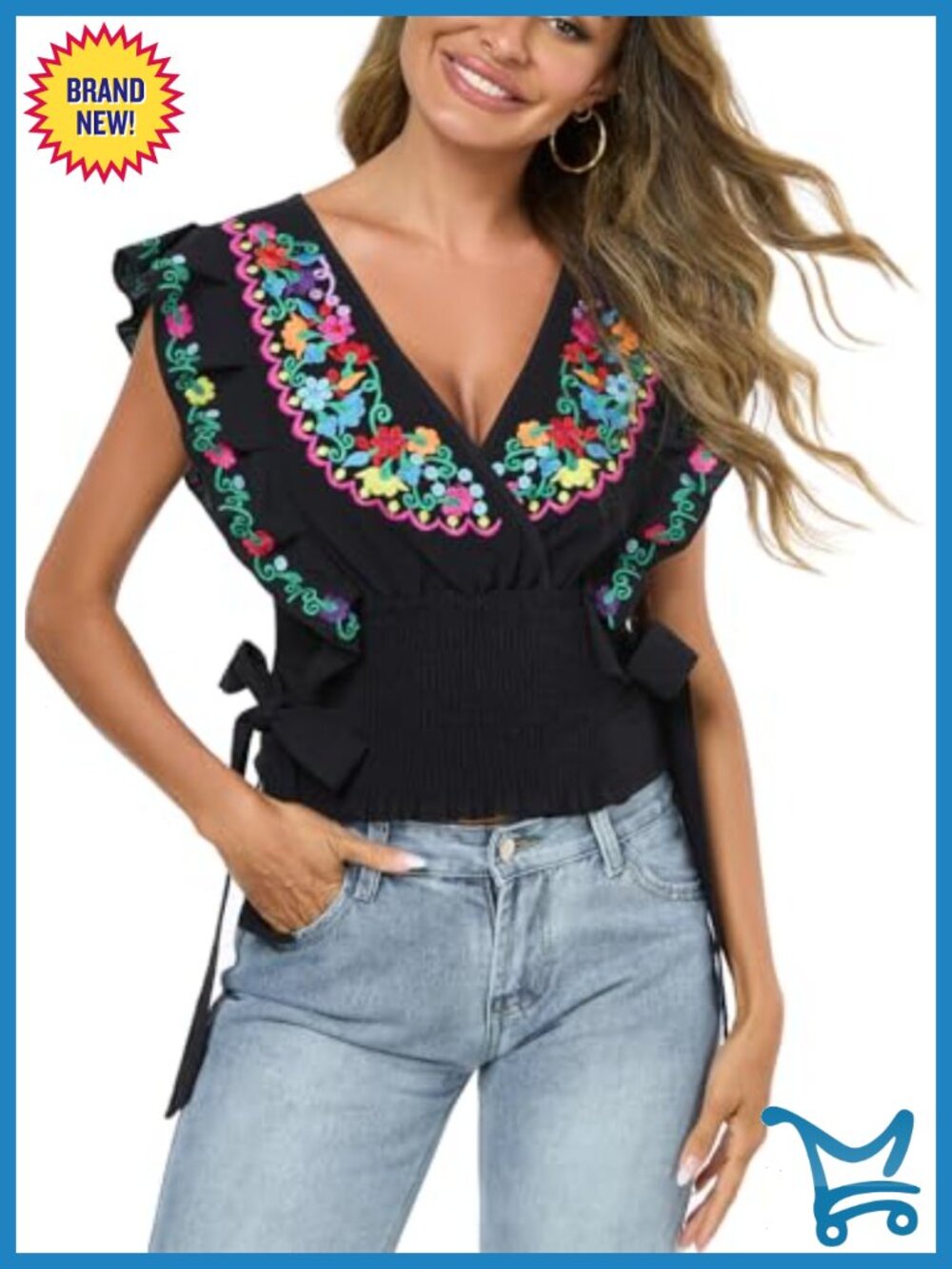 Women Mexican Embroidered Off-Shoulder Flutter Sleeve Tank Top Boho Cotton - Picture 3 of 6